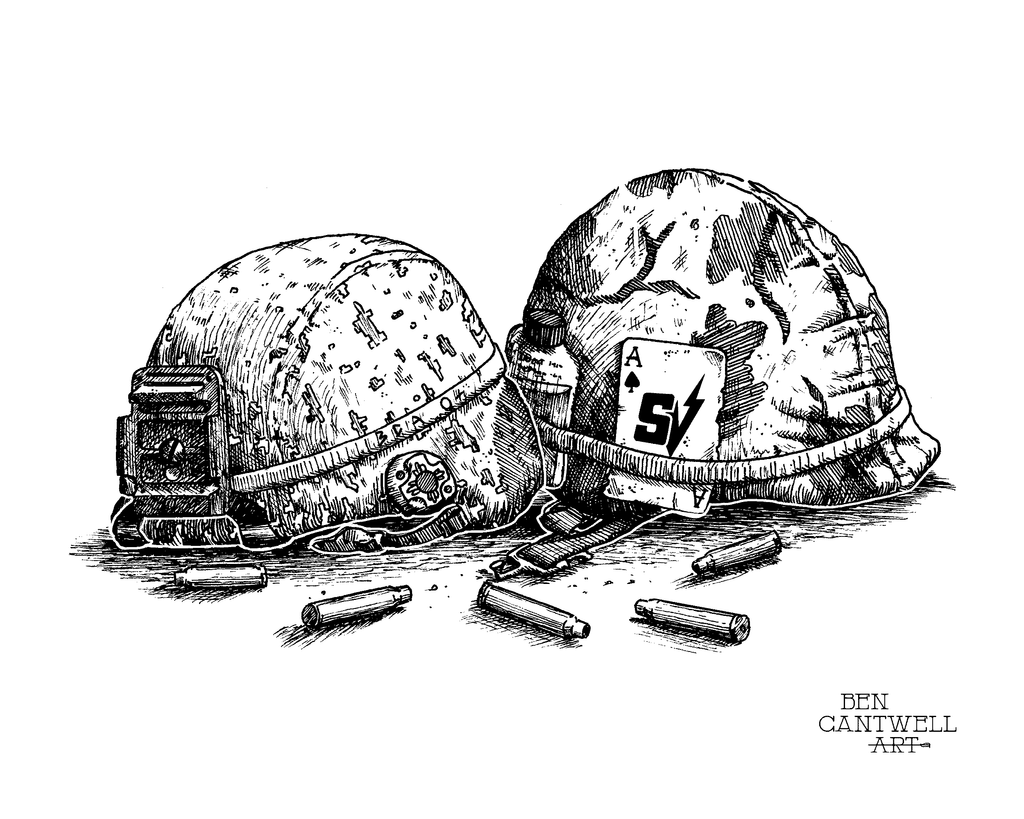 Two helmets and bullet casings